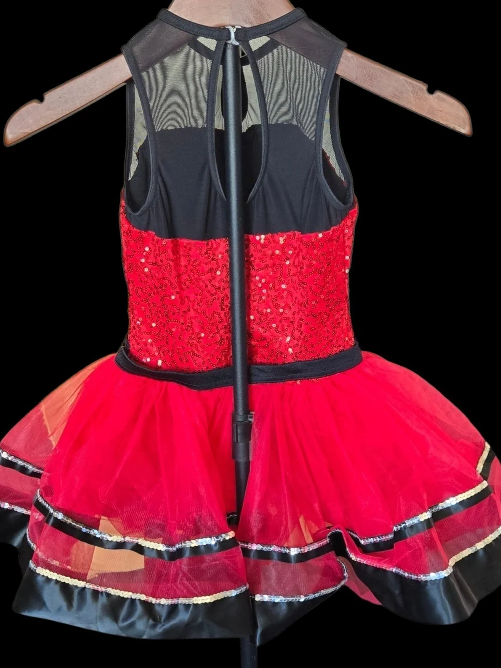Weissman Girls Red Sequin Tulle Competition Dance Dress w/ Black Accents Sz 7/8